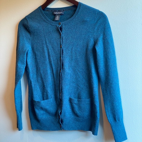 Banana Republic Merino Wool Blend Blue Teal Cardigan Sweater Two Front Pockets - Picture 2 of 6
